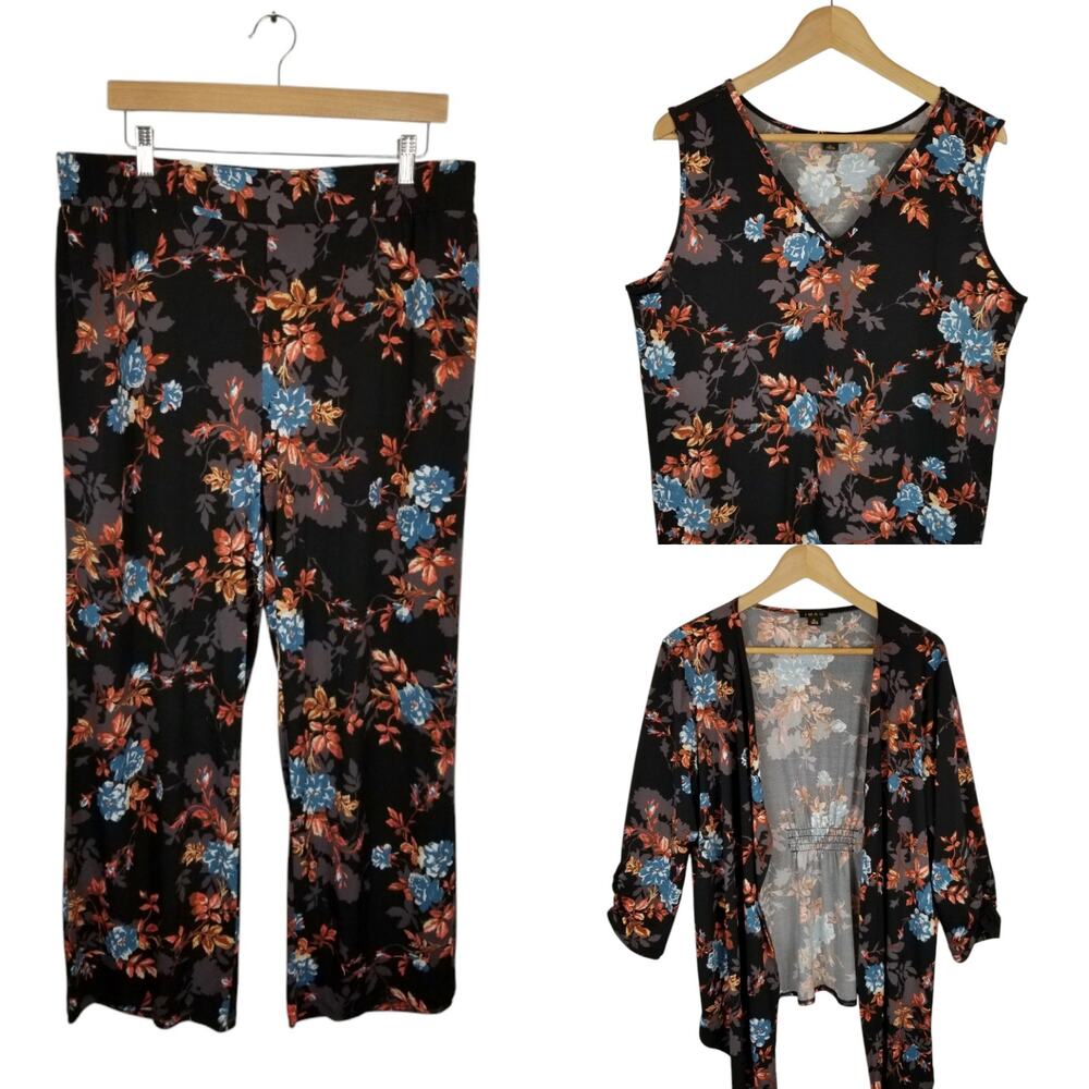 IMAN Stretch Slinky Knit 3 Piece Set Black Floral Tank Jacket Pants Size XL